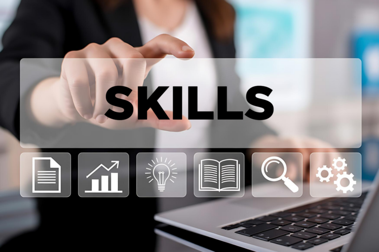 Woman with laptop, text saying skills